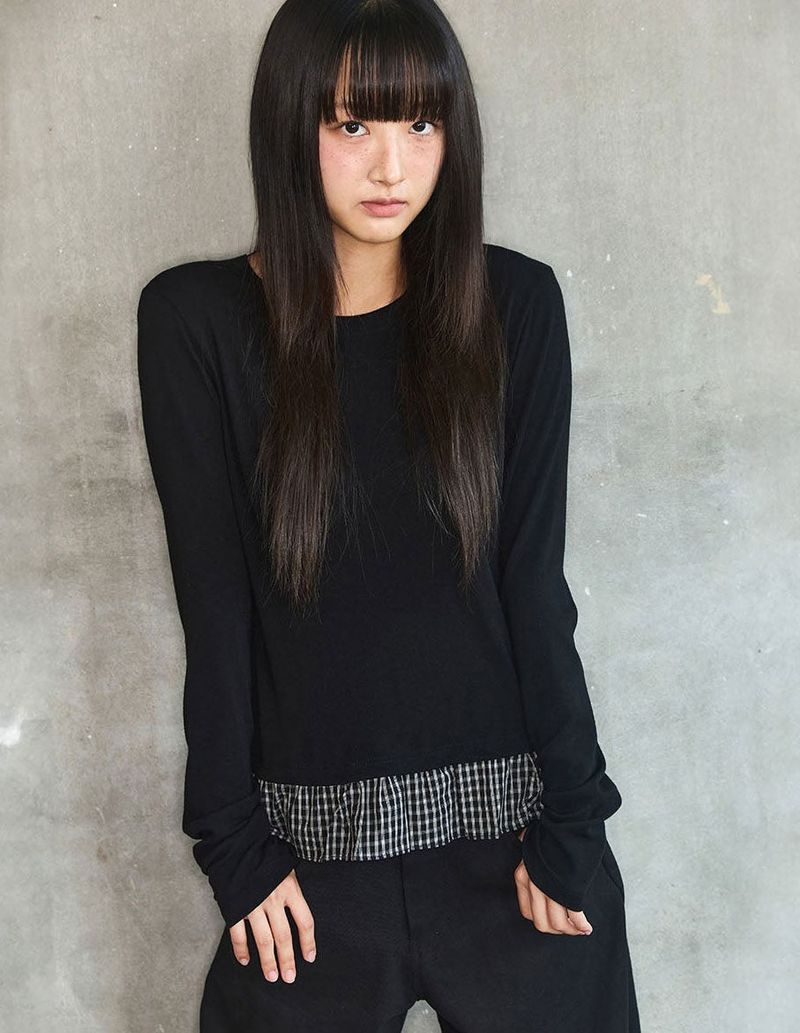 CHECK LAYERED LONG SLEEVE - BLACK