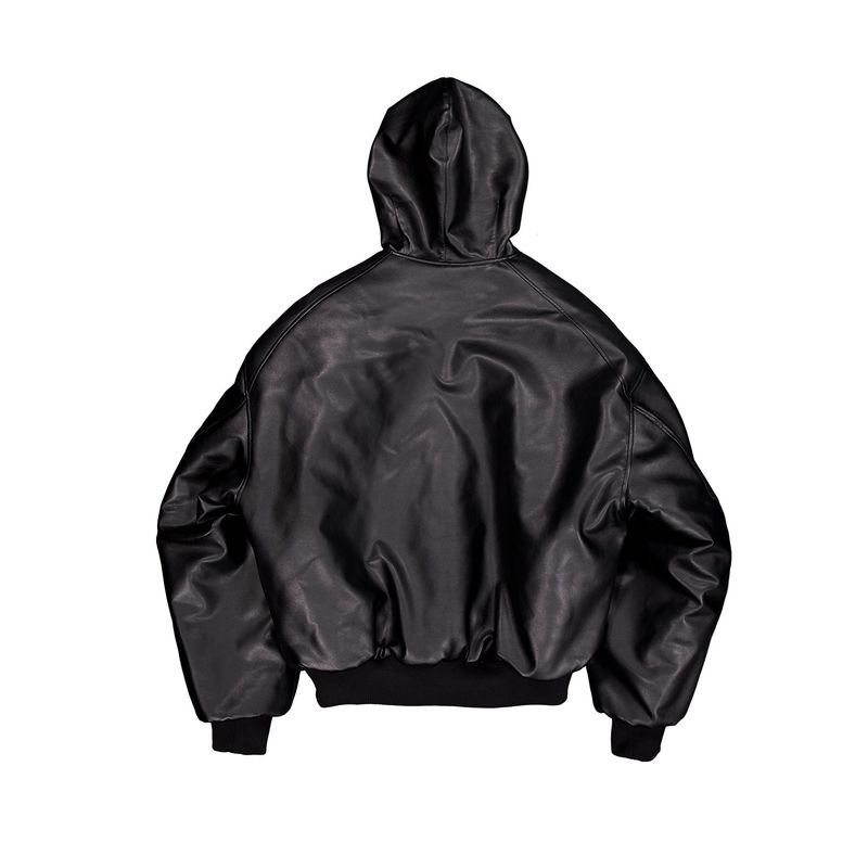 HOODED ARTIFICIAL LEATHER BOMBER JACKET