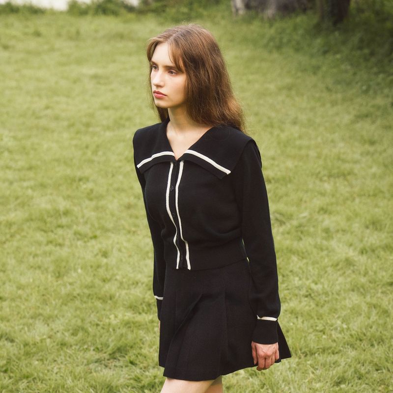 SAILOR COLLAR LONG SLEEVED CARDIGAN - BLACK