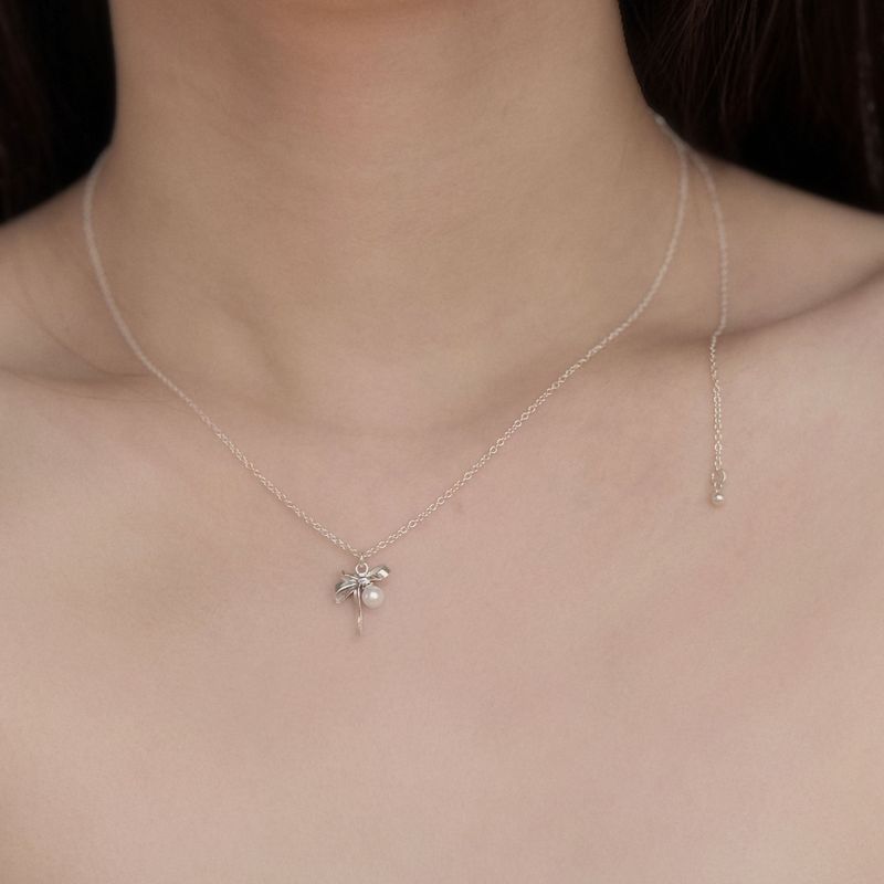 Silver 925 Ribbon & Pearl Necklace