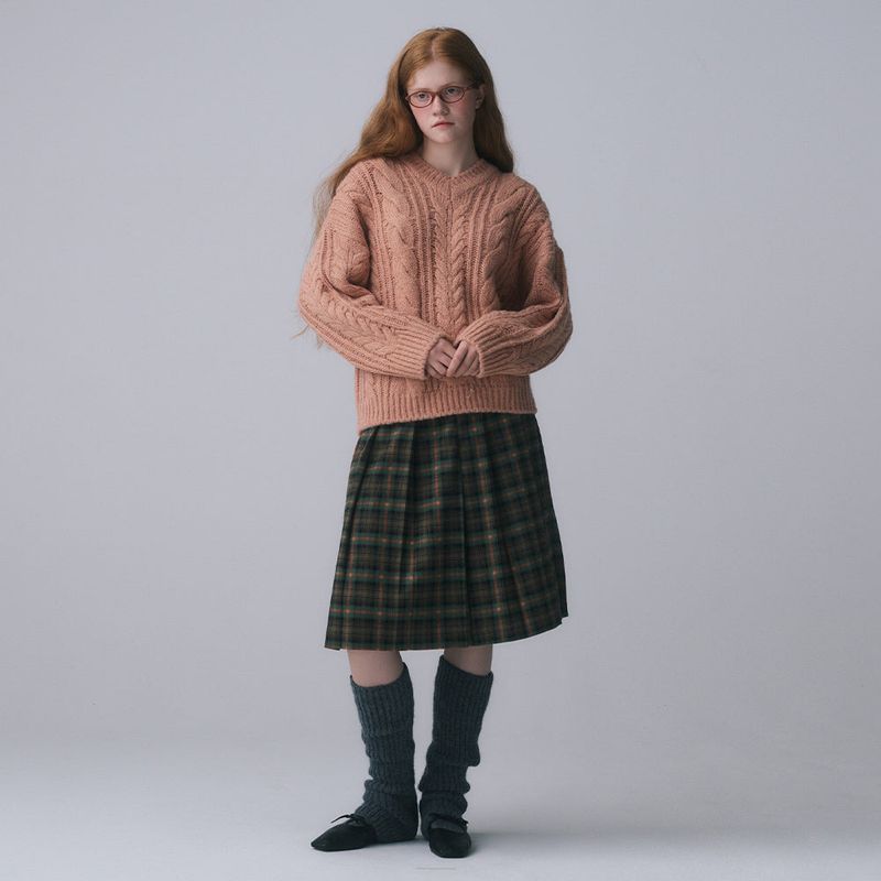 V-NECK CABLE KNIT PULLOVER, APRICOT