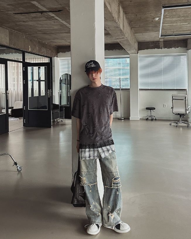 Clay Mud Washed Damaged Wide Denim