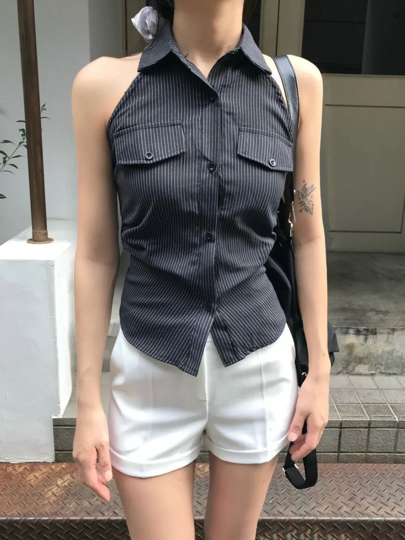 Niel Stripe Backless Halter Collar Shirt