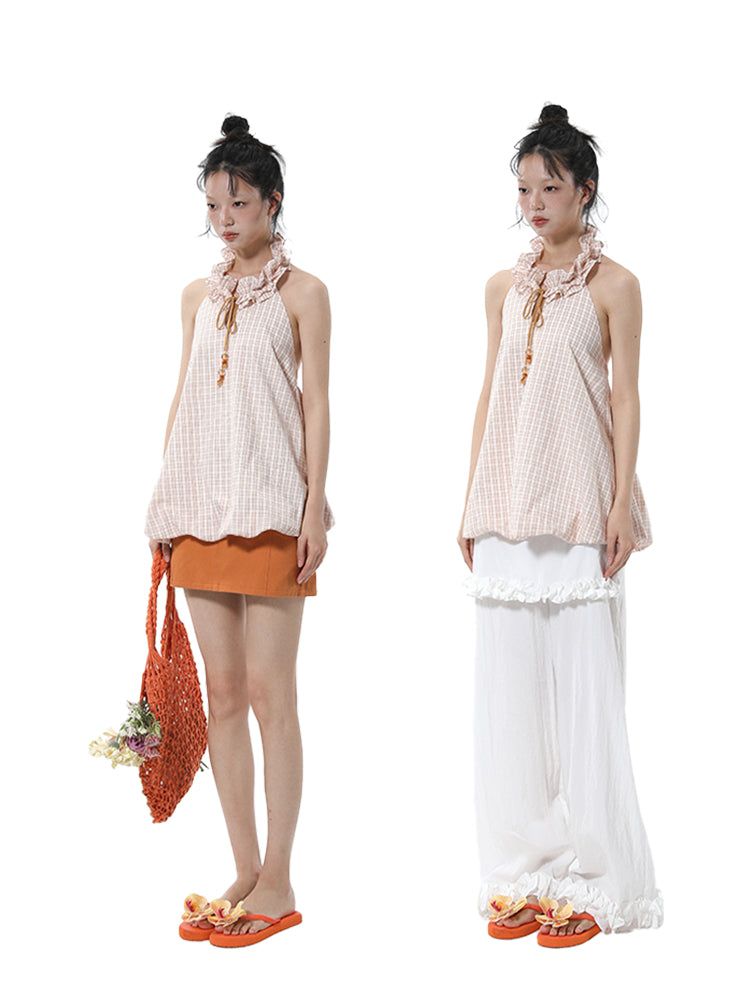 Summon Oak Checkered Halter Strap Tank Top Women's 2025 Summer New Flower Bud Bubble Loose Backless Top