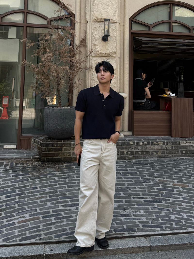 Pug herringbone semi-wide pants