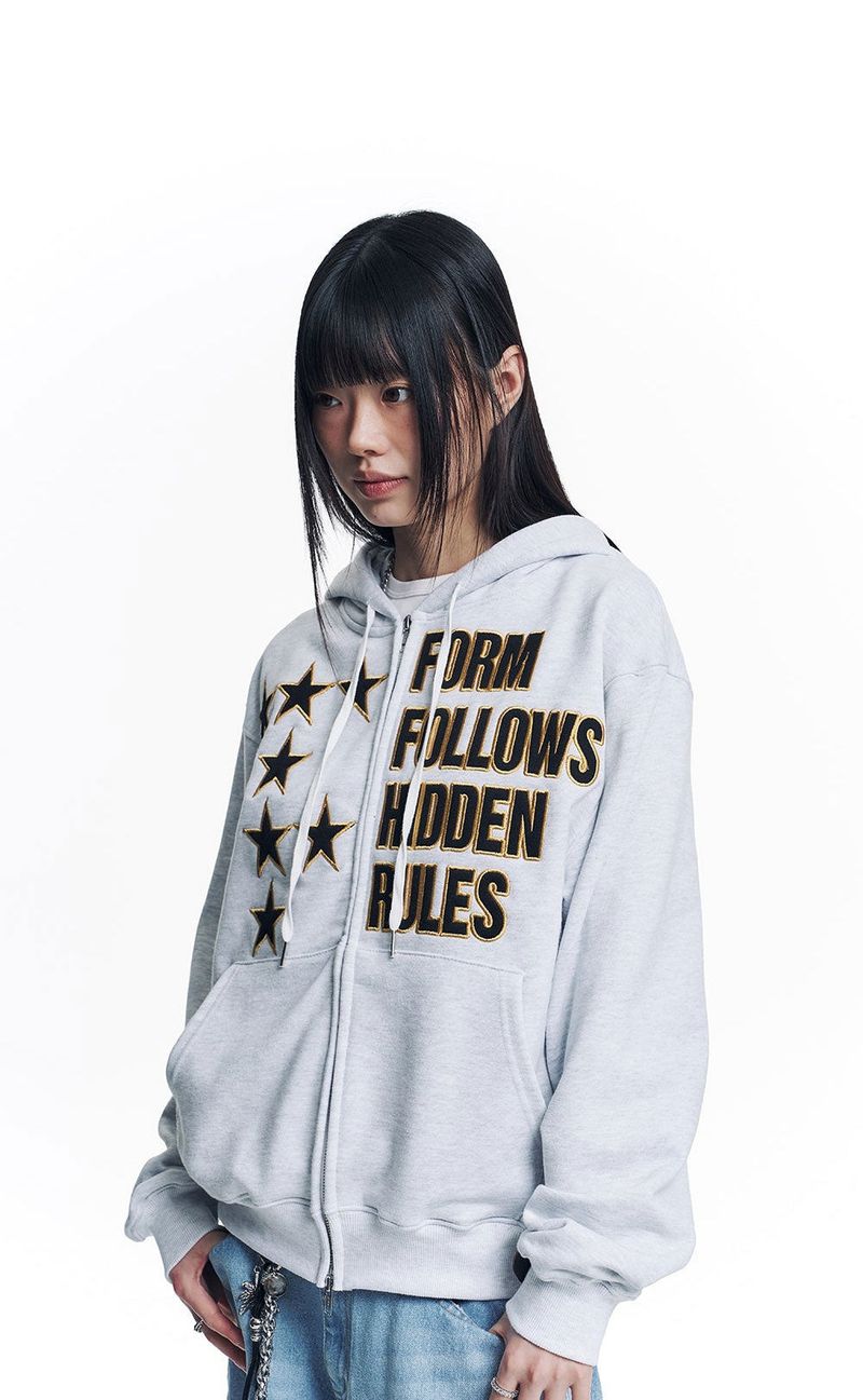 Star Lettering Patch Hoodie Zip-Up - White