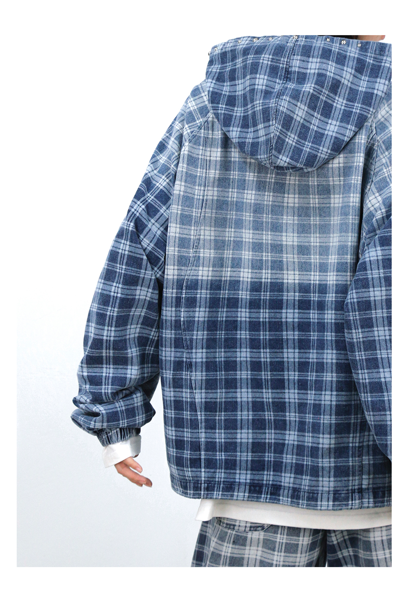 RELABEL (Gemeng) Stud-embellished, printed, gradient-wash checked hooded denim sweatshirt