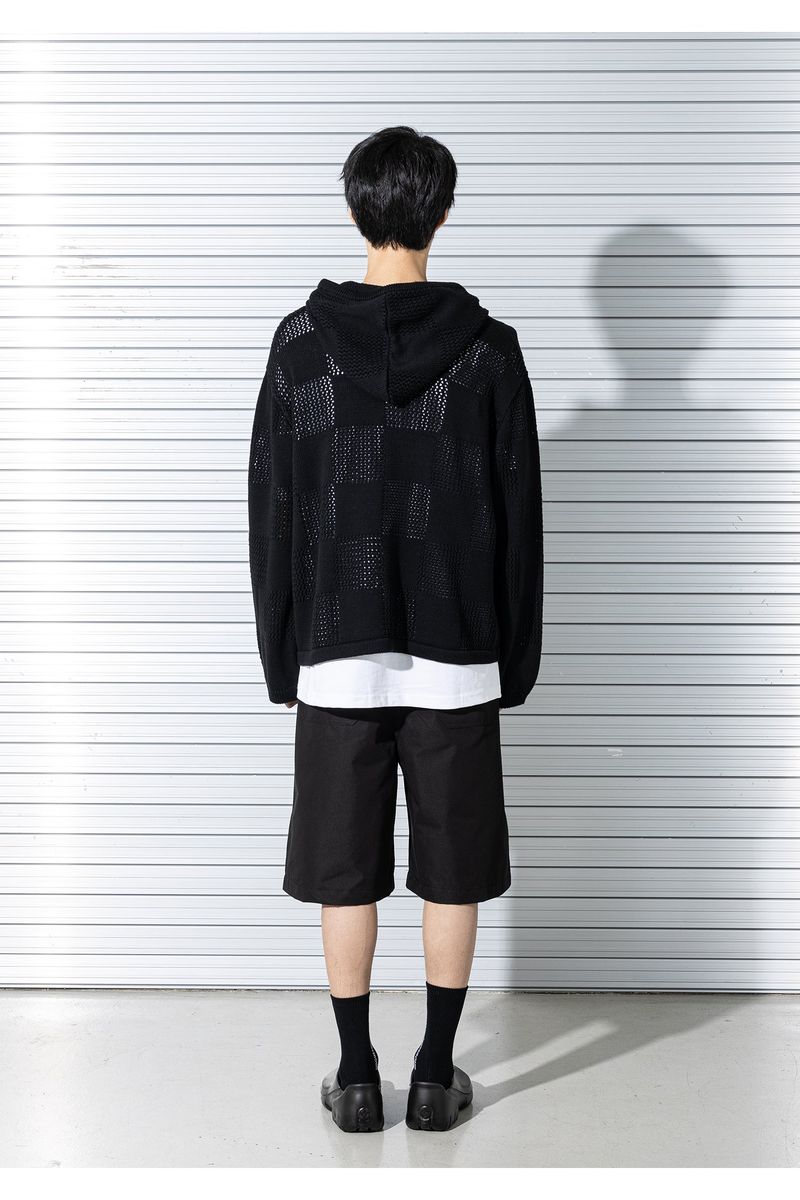 CHECKERBOARD MESHED ZIP-UP KNIT