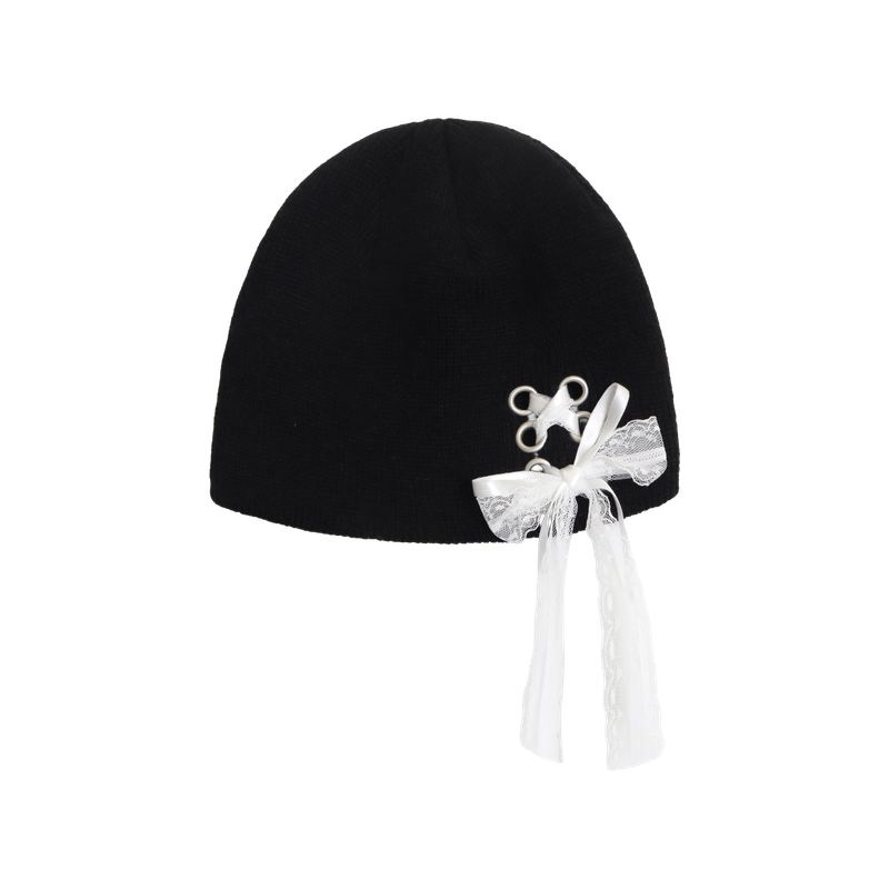 RIBBON EYELET KNIT BEANIE