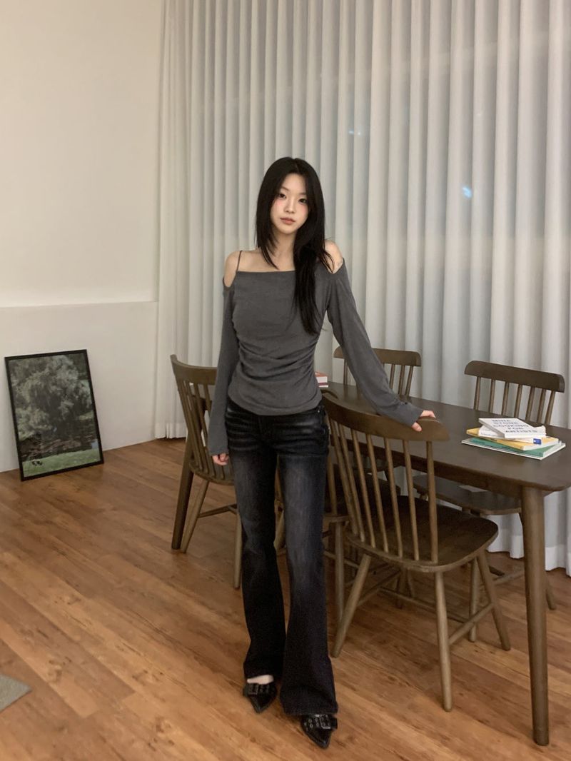 Jenn Muse Off-Shoulder Strap Drape Long Sleeve Top