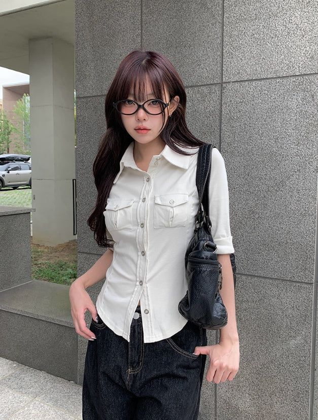 anyonemore（エニーワンモアー）の「Jerve Pocket Slim Three Quarter Sleeve Cotton Shirt（Tops）」