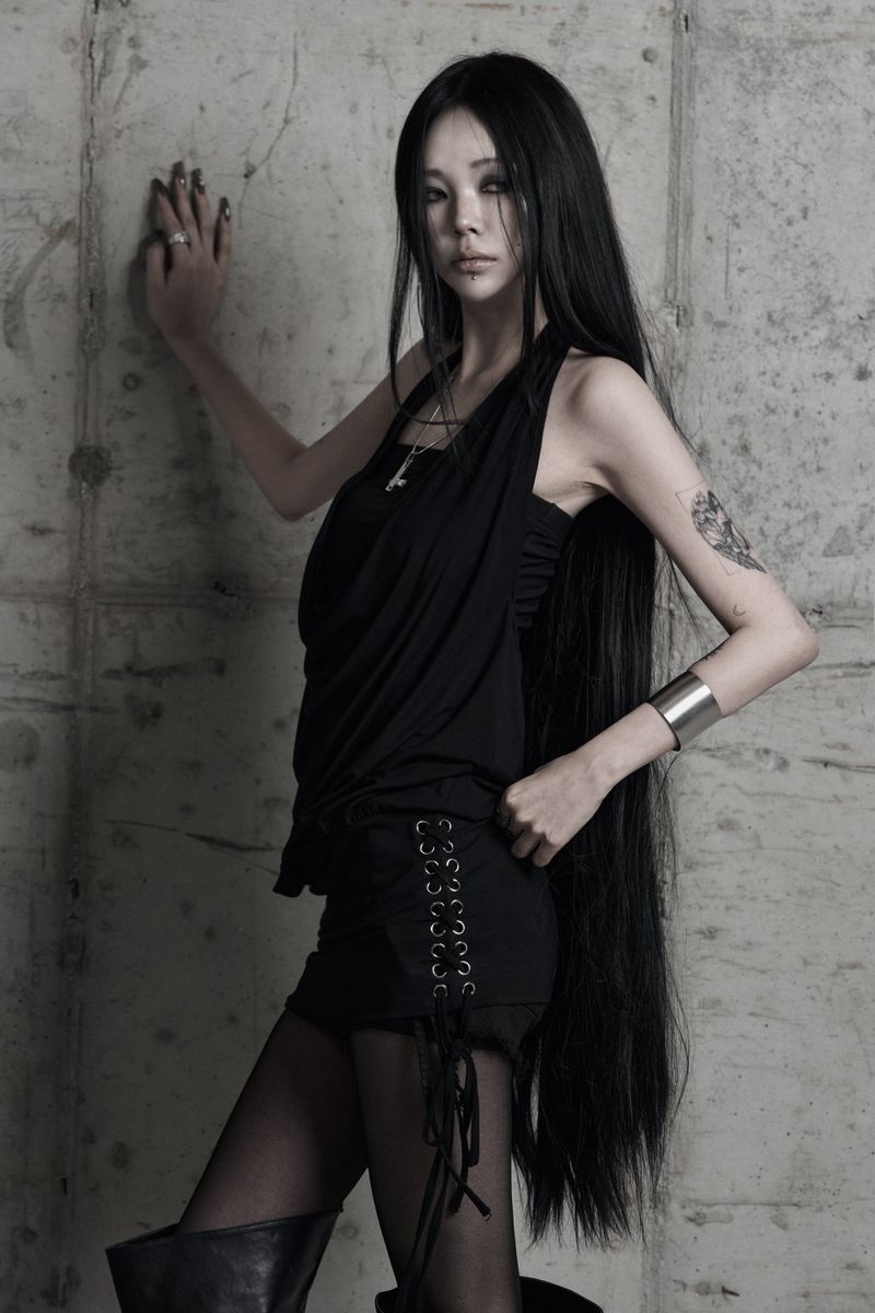 [label] cowl-neck side lace-up one-piece BLACK