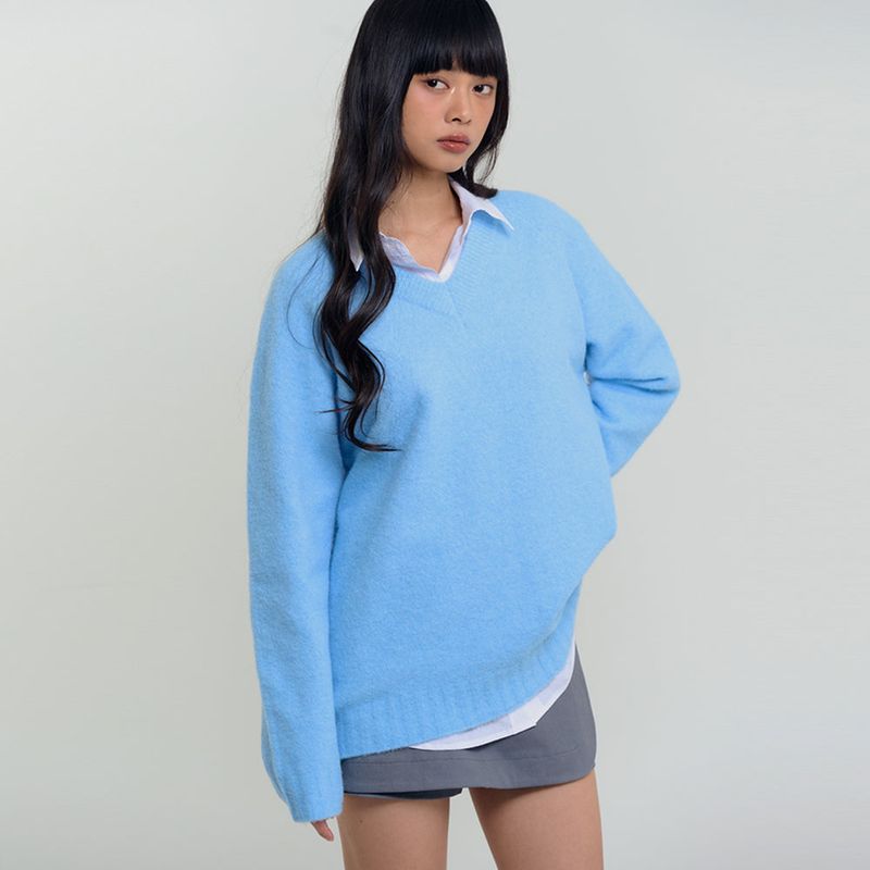 Soft Brushed V-Neck Knit Sky Blue