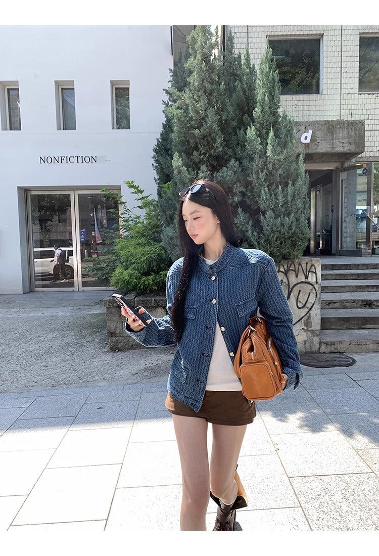 Blue casual gold button denim jacket
