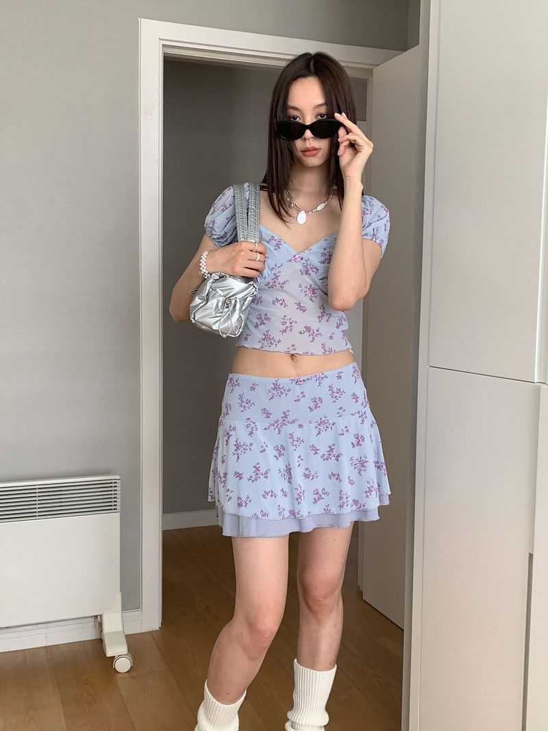 chiffon lavender flower frill skirt