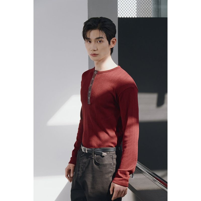 Leather ribbed henry neck long sleeves(Burgundy)