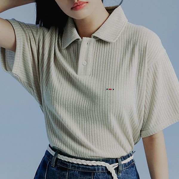 ROMANTIC CROWN（ロマンティッククラウン）の「MINIMAL LOGO KNIT POLO_MELANGE OATMEAL（Tops）」