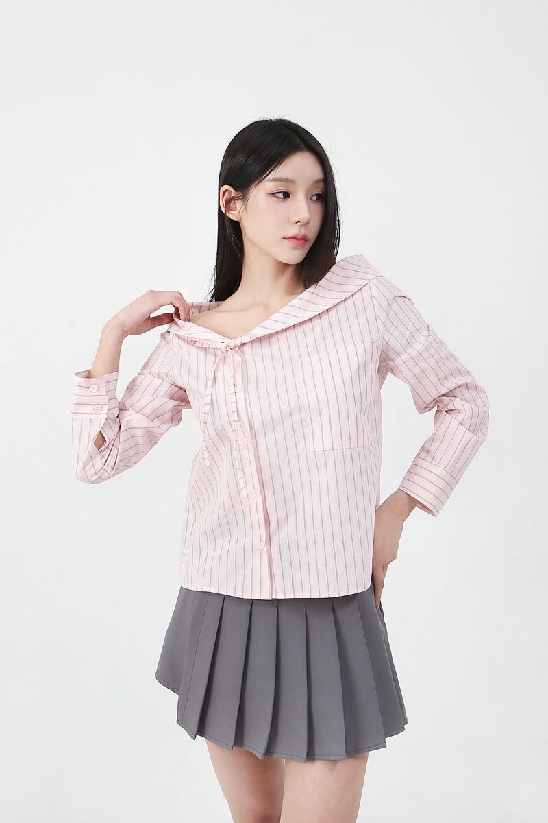 Stripe Offshoulder Blouse_pink