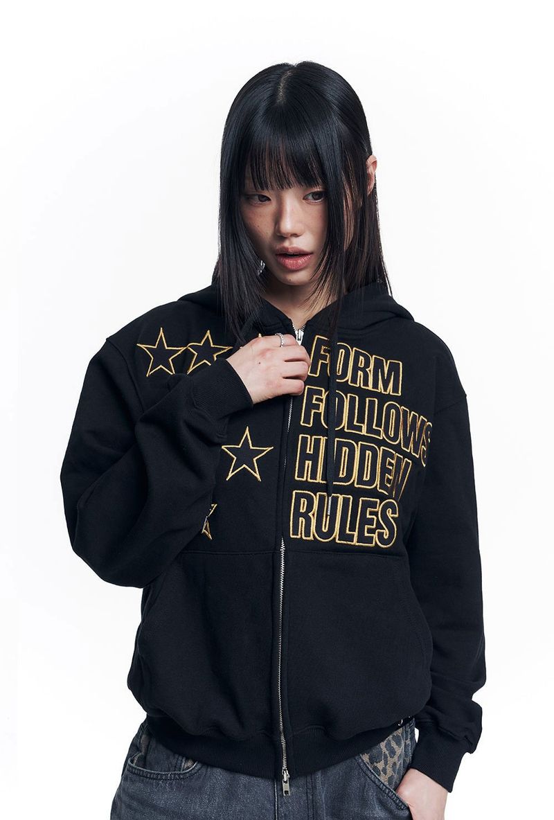 Star Lettering Patch Hoodie Zip-Up - Black