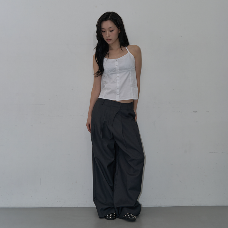 WAIST DETAIL TWO-TUCK WIDE SLACKS (GRAY)