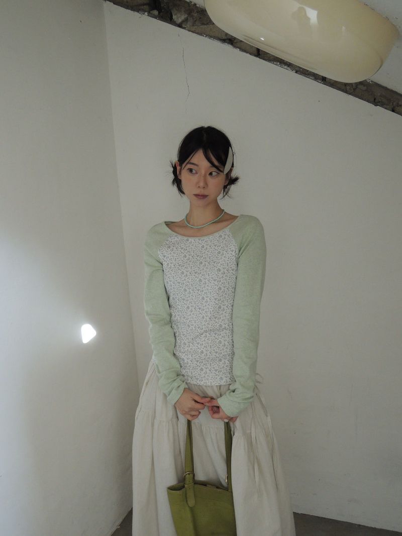 side string long skirt (mint stripe) (washed cotton)