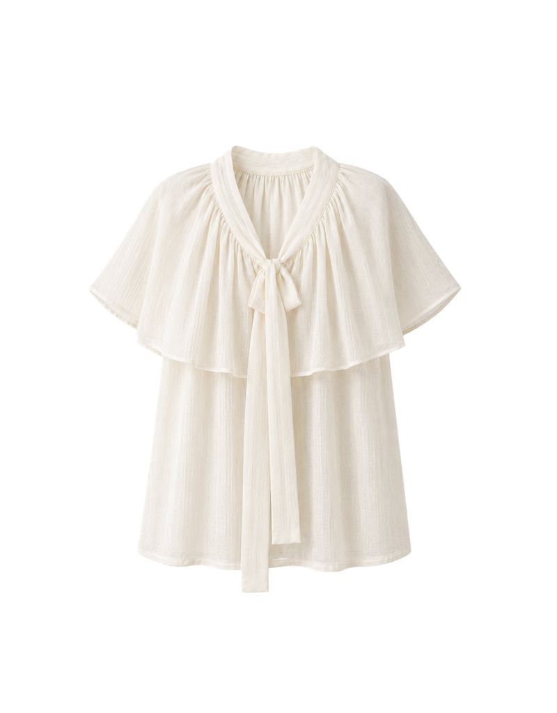 Leonie V-Neck Cape Tie Button Blouse Ivory