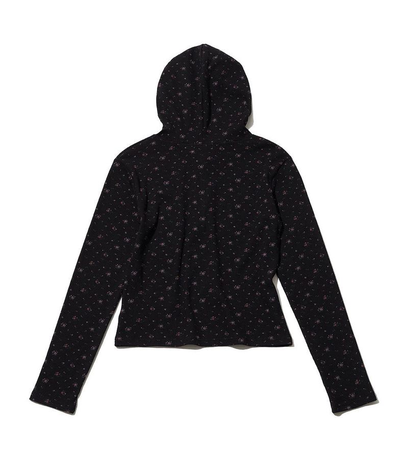 FLOWER WAFFLE BUTTON HOODIE - BLACK