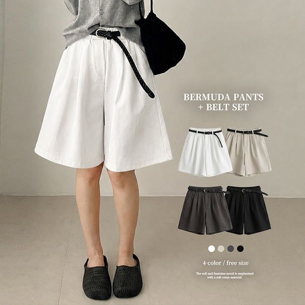 hijjoo（ハイチュー）の「Belt Set Bermuda Pants Two-Pin Tuck Banding Half Pants（Pants）」