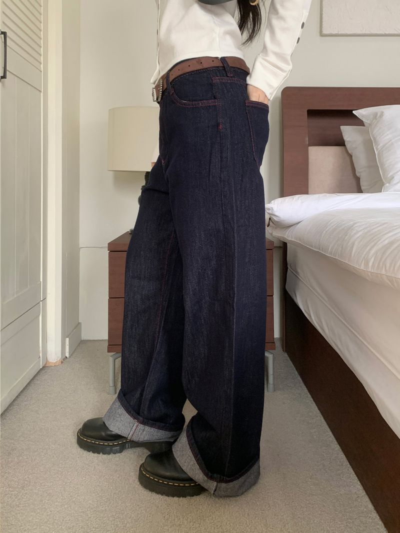ペニーレッドステッチローワイドデニムパンツ