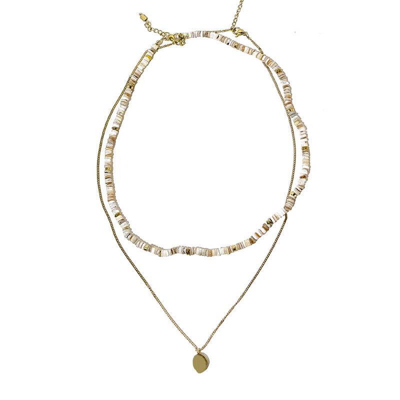 [set] natural shell beads & gold pendant necklace
