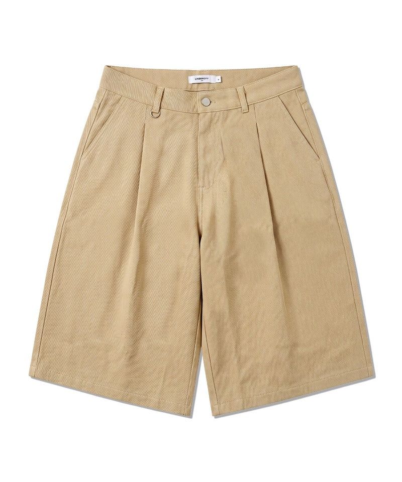 Wide Cotton Pleated Bermuda Shorts Beige