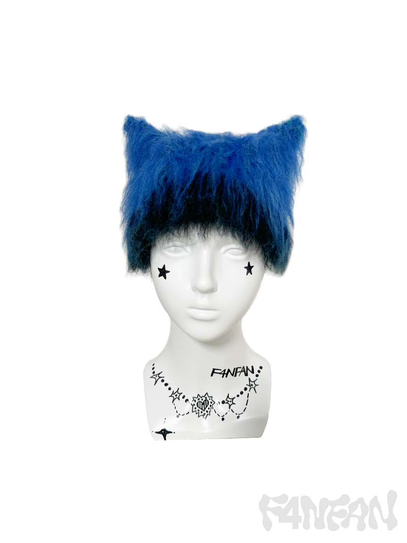 Hand-Brushed Neon blue Crochet Cat Ear Hat