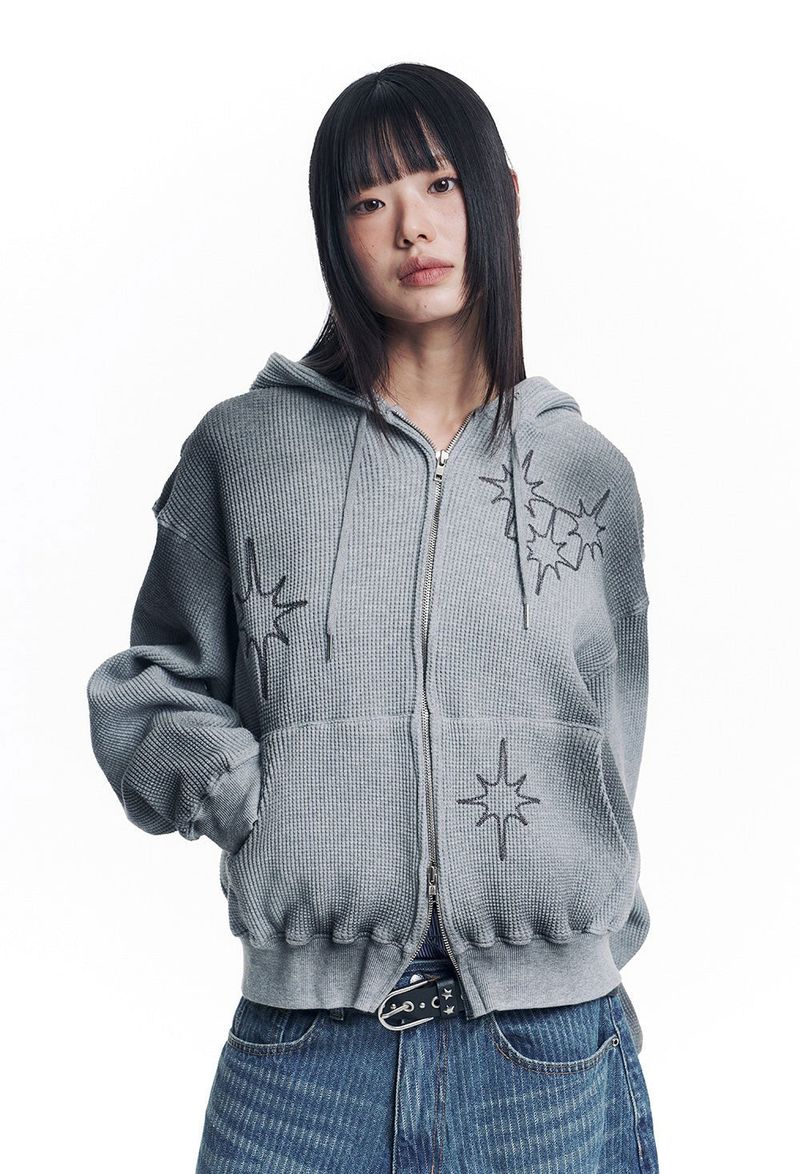 Washed Star Waffle Hooded Zip-Up - Grey