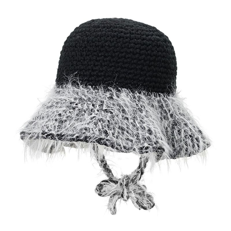 Crochet Knit Round Bucket Hat / Black