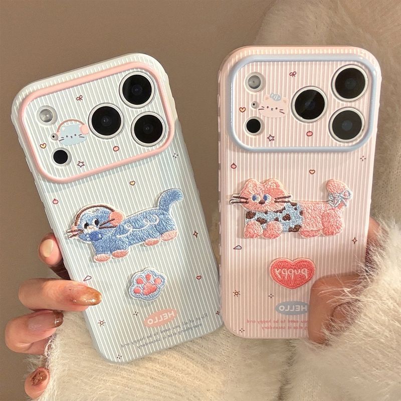 Embroidered Blue Pink Cat Soft iPhone Case