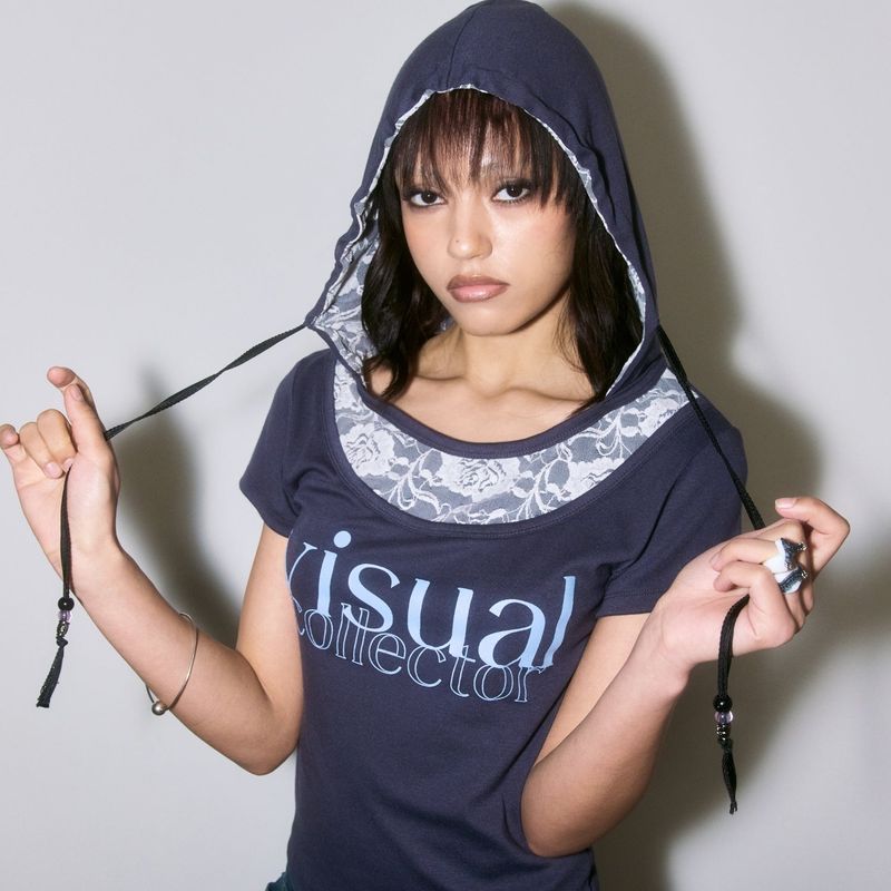 Rose Lace Bead Hood Tee [Charcoal]