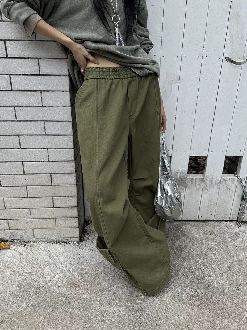 Khaki Cargo Wide Leg Straight Pants