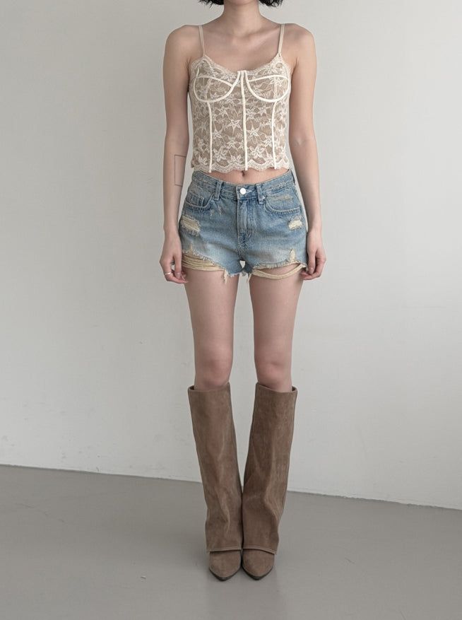 mnem（ムネム）の「Yusu Damaged Denim Shorts（Pants）」