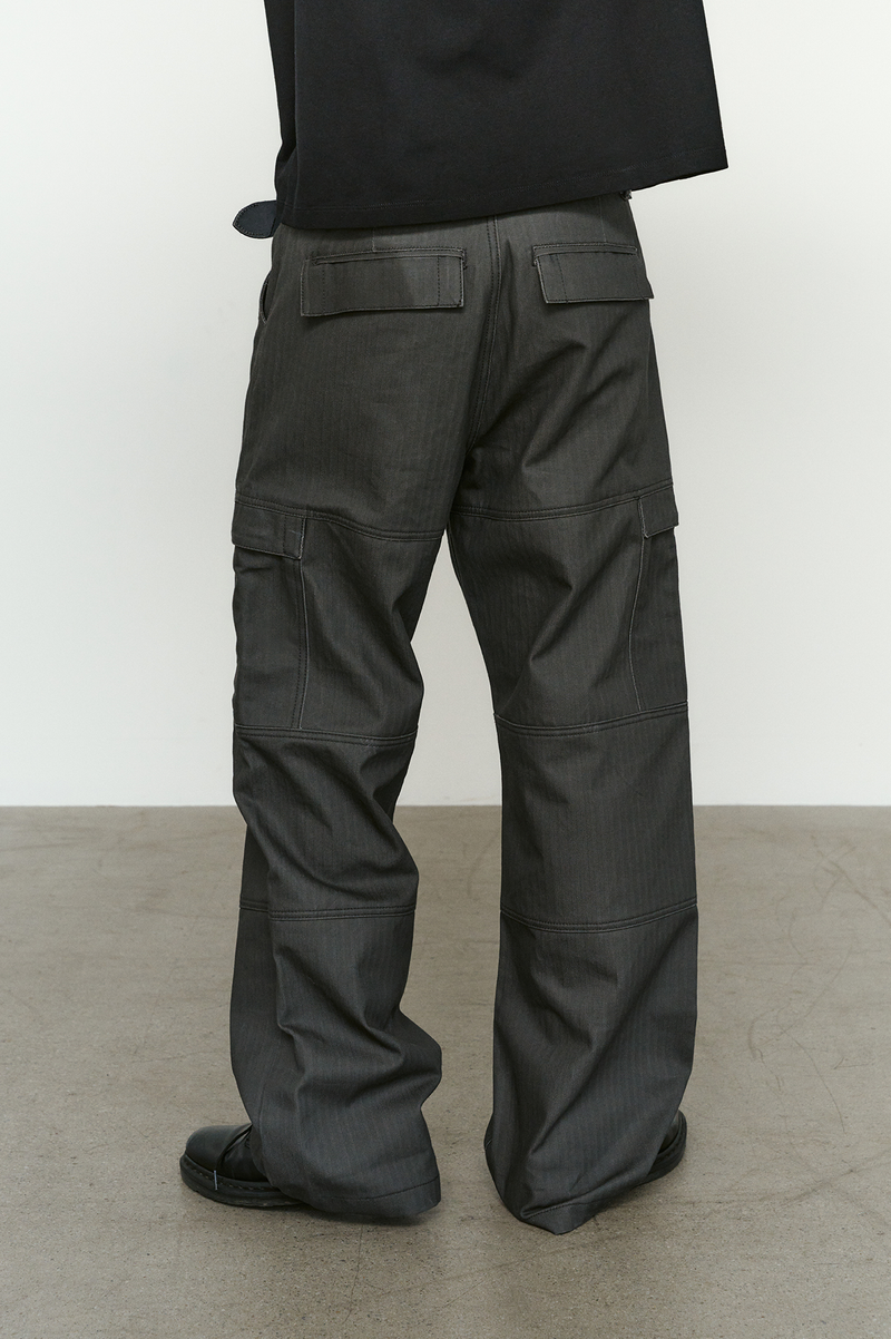 4 Panel Cargo Pockets Herringbone Twill Pants (Gray)