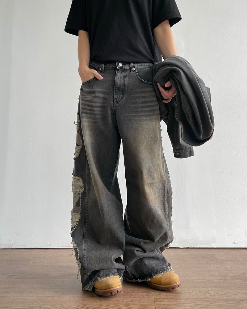 Destroyed Camouflage Denim Pants