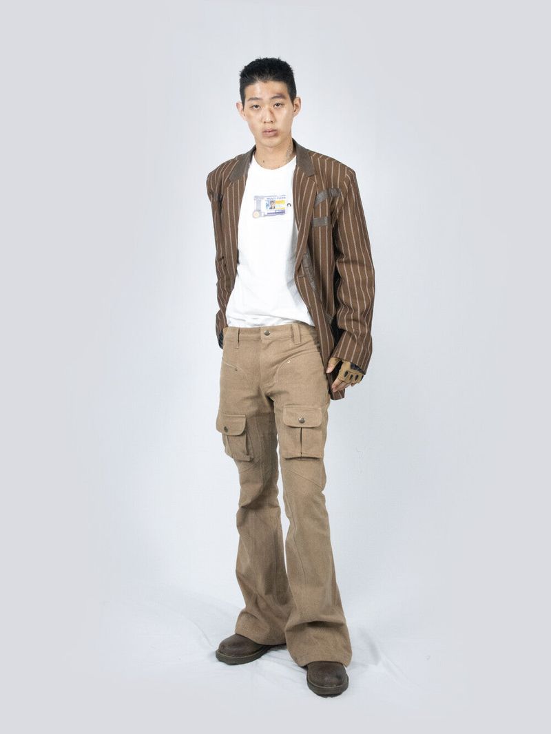 Curved Cargo Flare Pants (Beige)