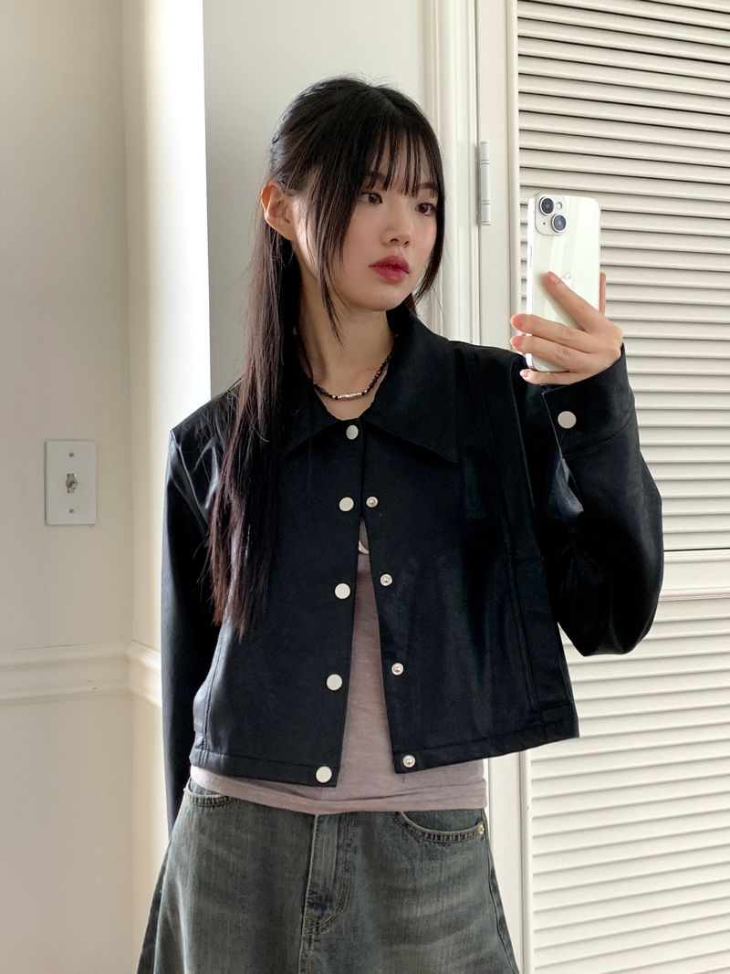 [MADE] Lawson wide collar slim crop crack leather leather jacket