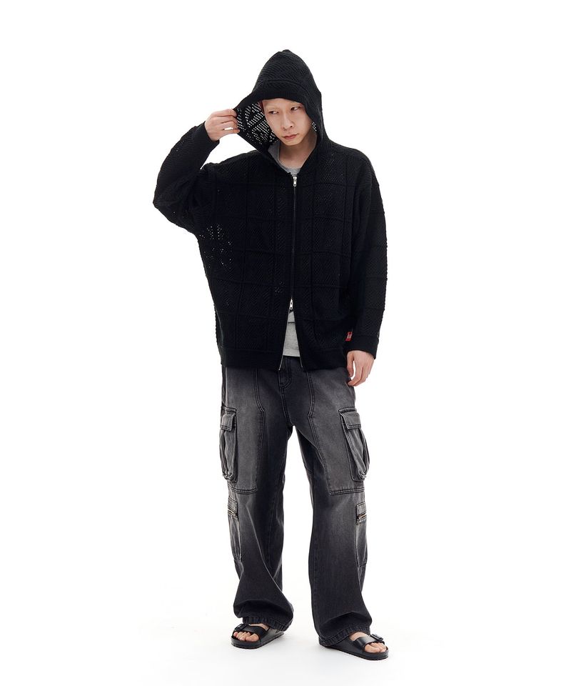 NET KNIT HOOD ZIP-UP (BLACK)