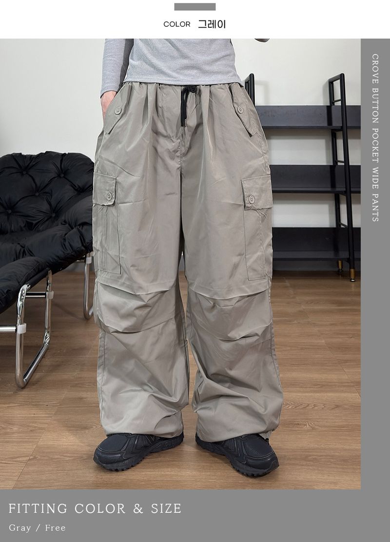 Cropped Button Pocket Wide Pants