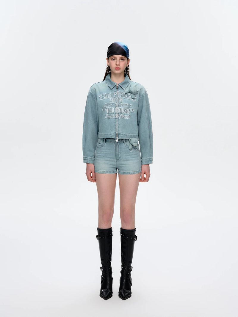 13DE MARZO Denim Frayed Embroidered Jacket