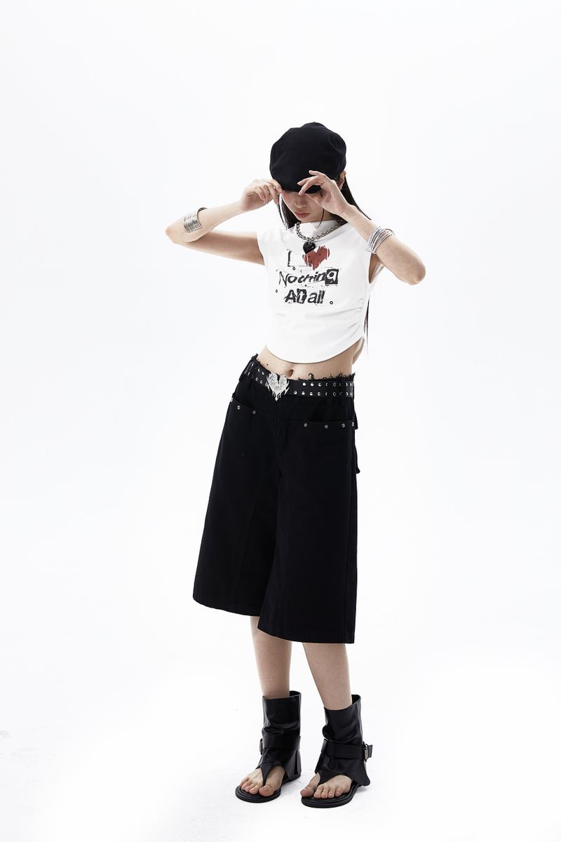 Summon Oak Design Sensation Spicy Girl Short Top, Tank Top, Waist Exposed, Slim Fit, Graffiti Printed Sleeveless T-shirt for Women
