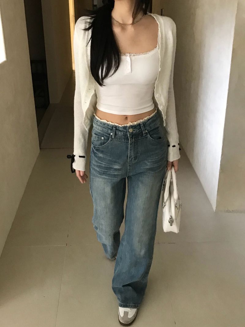 Pomel Lace Trimming Semi Bootcut Pants