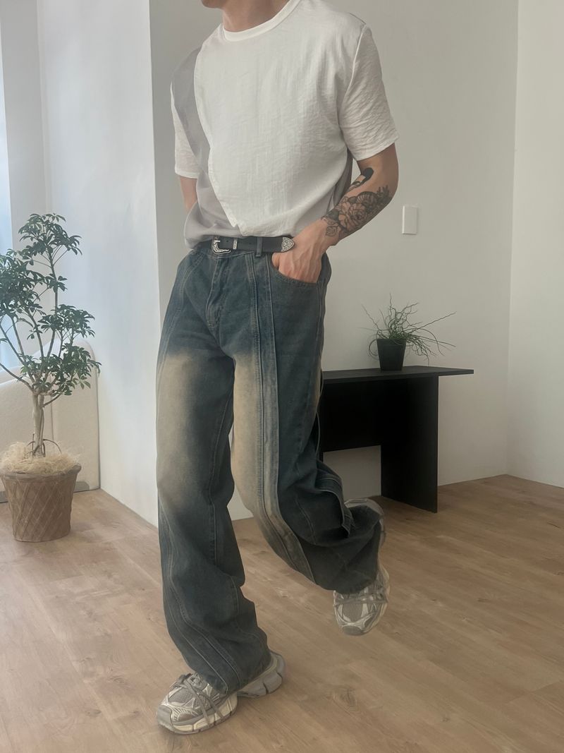 Wave-washed incision wide denim(2colors)