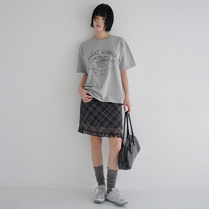[Mochein] Chiffon Check Frill Midi Skirt - 2 Colors