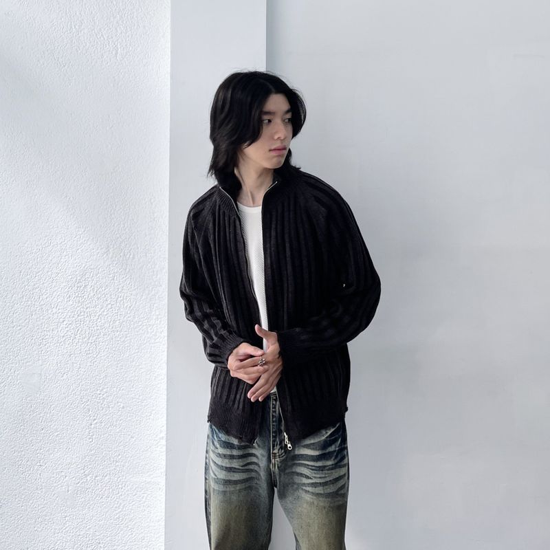 High-Neck Stripe Knit Jacket